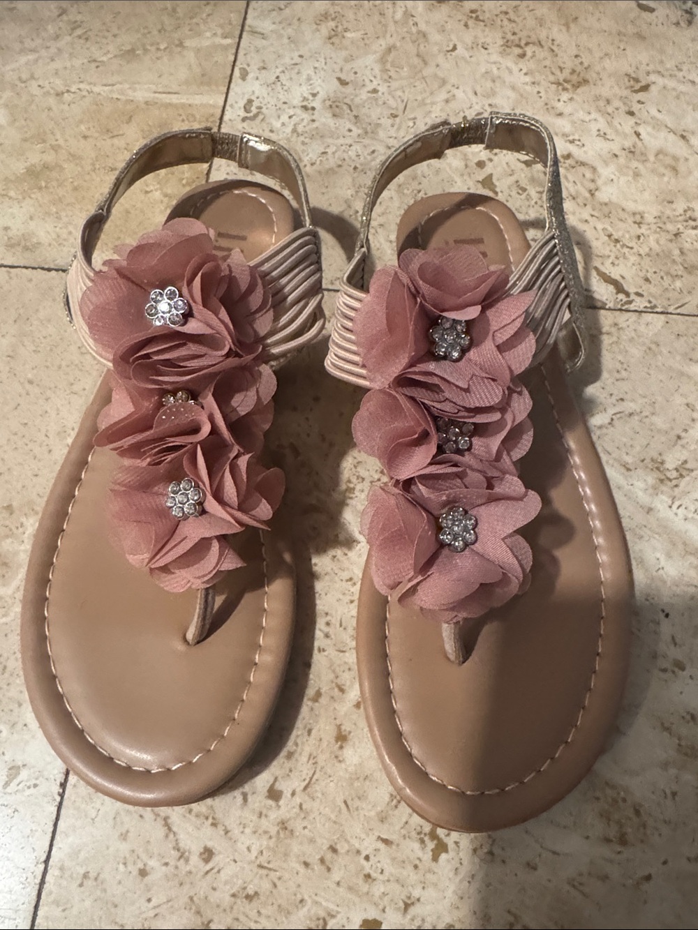 INC International Concepts Pink Floral T‑Strap Sandals with Rhinestone Centers